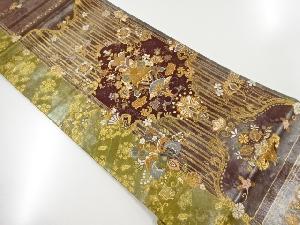 リサイクル　草木染螺鈿織　縞に華紋更紗模様織り出し袋帯